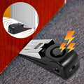 The door stop alarm wedged under a door, lighting bolt graphics coming from the device to imply its alarm ringing. Another graphic with pulses coming from the device showing its alarm decibel sensitivity.