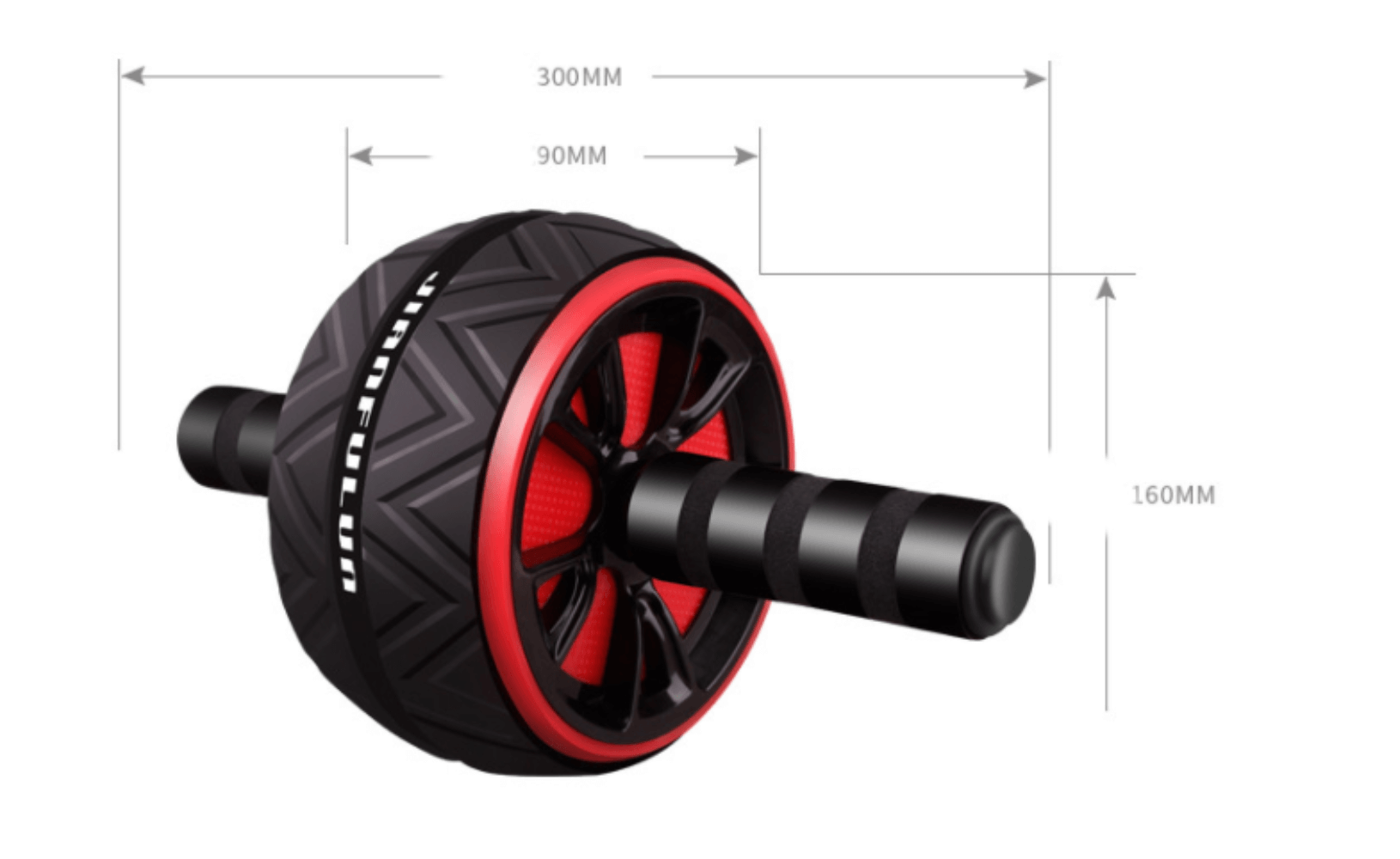 The fitness ab wheel dimensions. 160mm in height, 90mm in wheel width and 300mm in width from handle to handle.