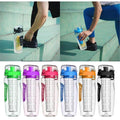 Two images of someone running up a set of steps but stopping and placing their fruit infuse water bottle on the ground, one in black and one in blue.
An image of all 6 colors of the bottle. Green, purple, Pink, blue, orange and black.