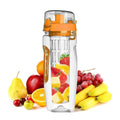 The fruit infuse water bottle in orange containing various fruits. Various behind the bottle.