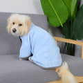 A dog wearing the microfiber dog towel in blue.