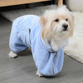 A dog wearing the microfiber dog towel in blue.