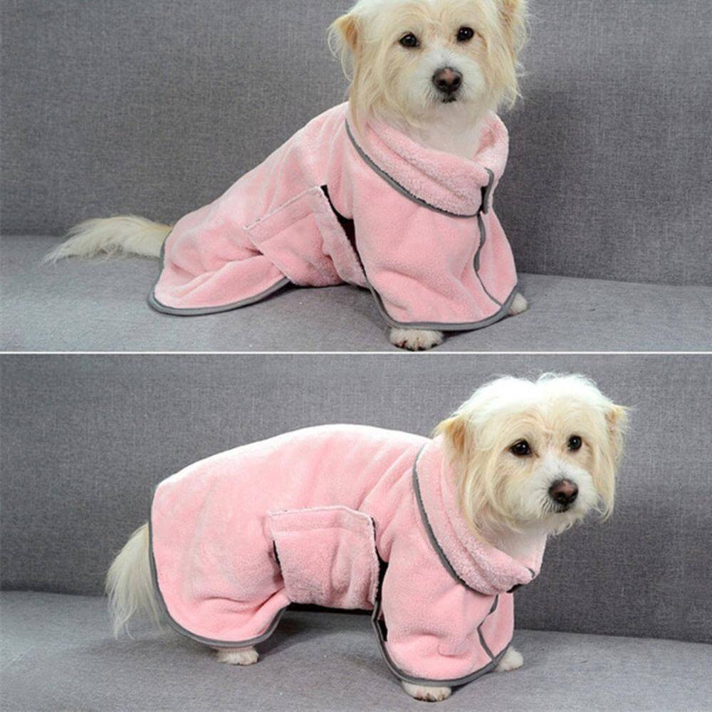 2 dogs, both wearing a microfiber dog towel in pink.