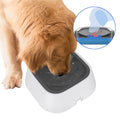 The no spill pet water bowl in gray with a dog drinking out of it. A graphic in the top right corner of the internals of the pet water dispenser and an outline of a dog drinking from it.