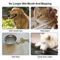 Four graphics showing what happens when using a generic water bowl. One of a dog with a wet mouth and hair, a cat wrapped up in a towel with a wet beard, wet floor around a generic metal water bowl and a dog drinking dirty water from somewhere.