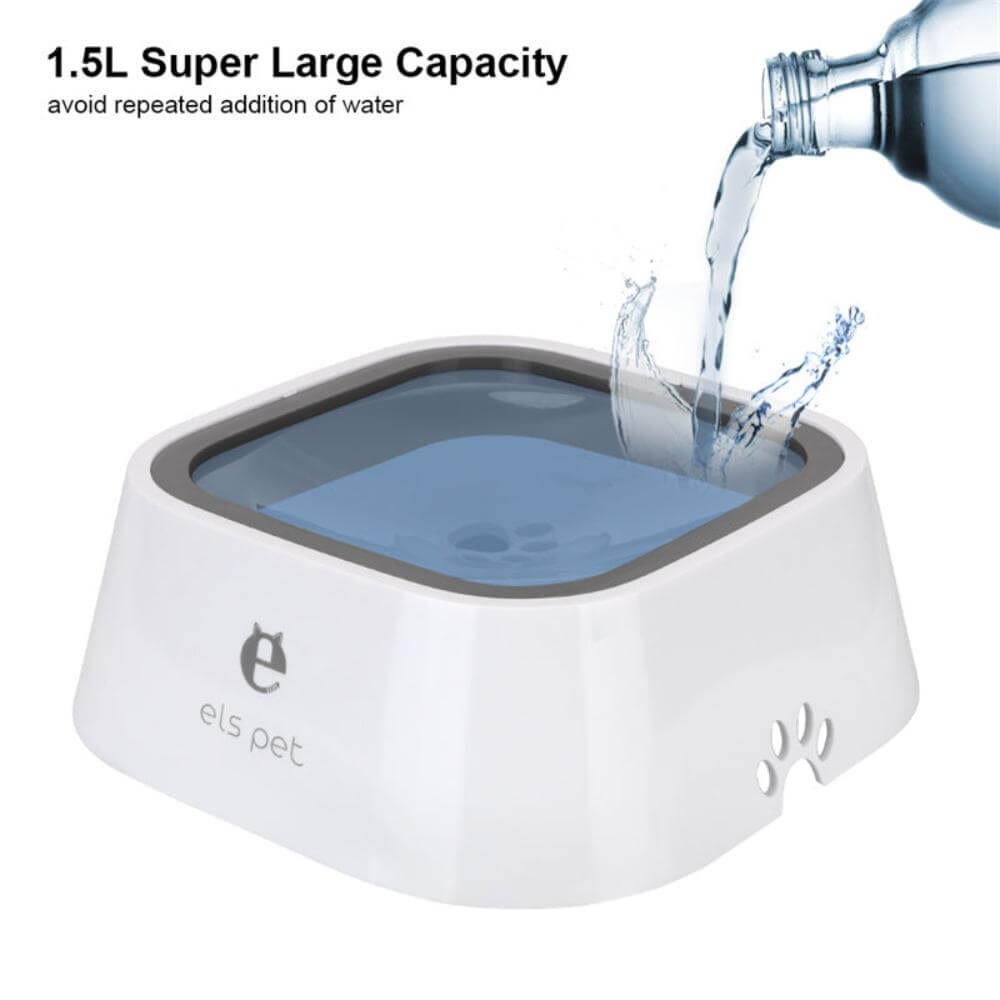 The no spill pet water bowl being filled by a bottle of water. Text stating the pet water dispenser has a large capacity of 1.5 litres.