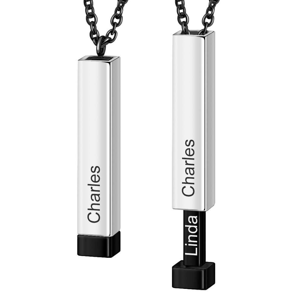 The personalized name necklaces for lovers. Square variant in black with the names Charles and Linda.