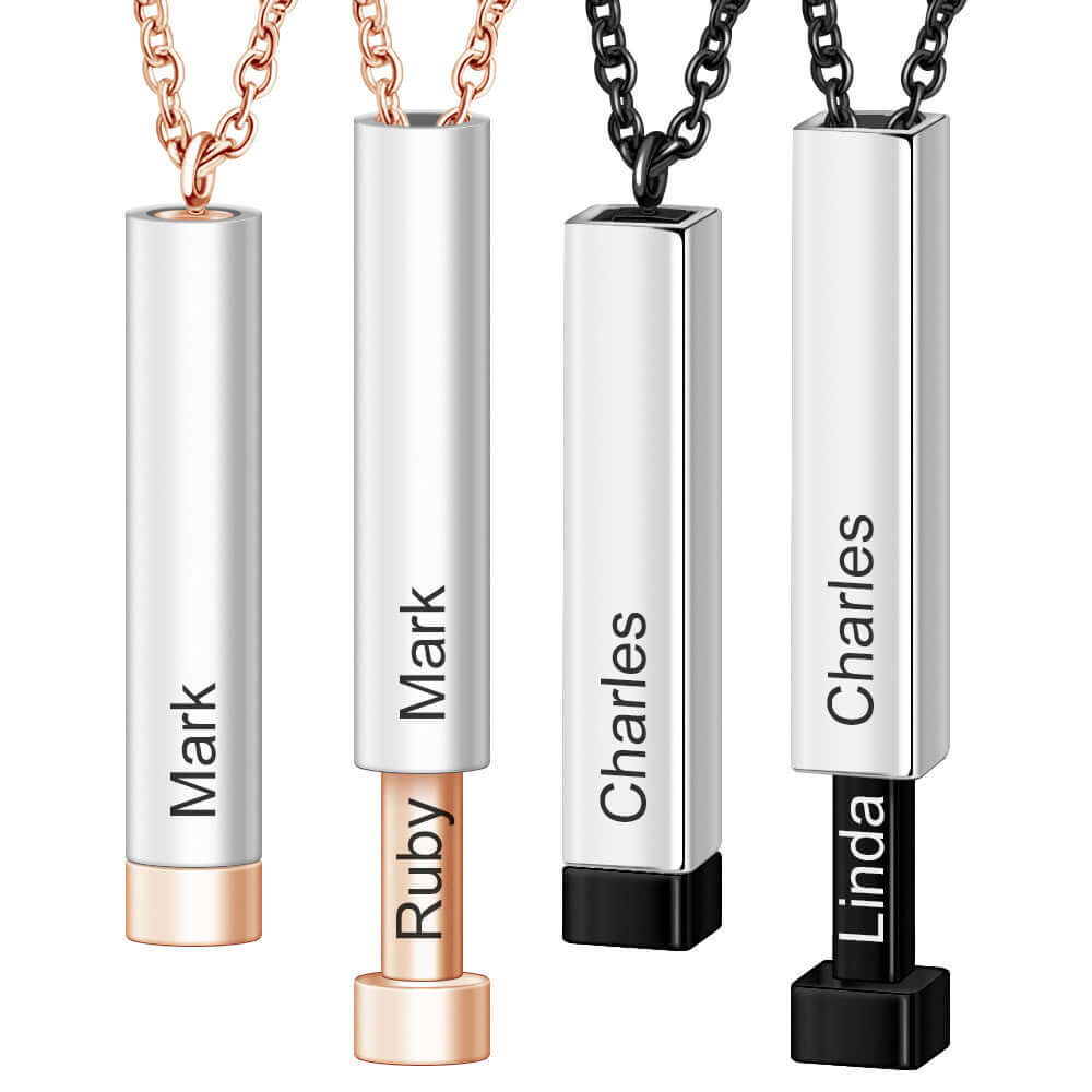 Two of the personalized name necklaces for lovers. A Cyclinder variant in rose gold with the names mark and ruby and a square variant in black with the name Charles and linda.