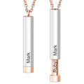 The personalized name necklaces for lovers. Cyclinder variant in rose gold with the names Mark and Ruby.