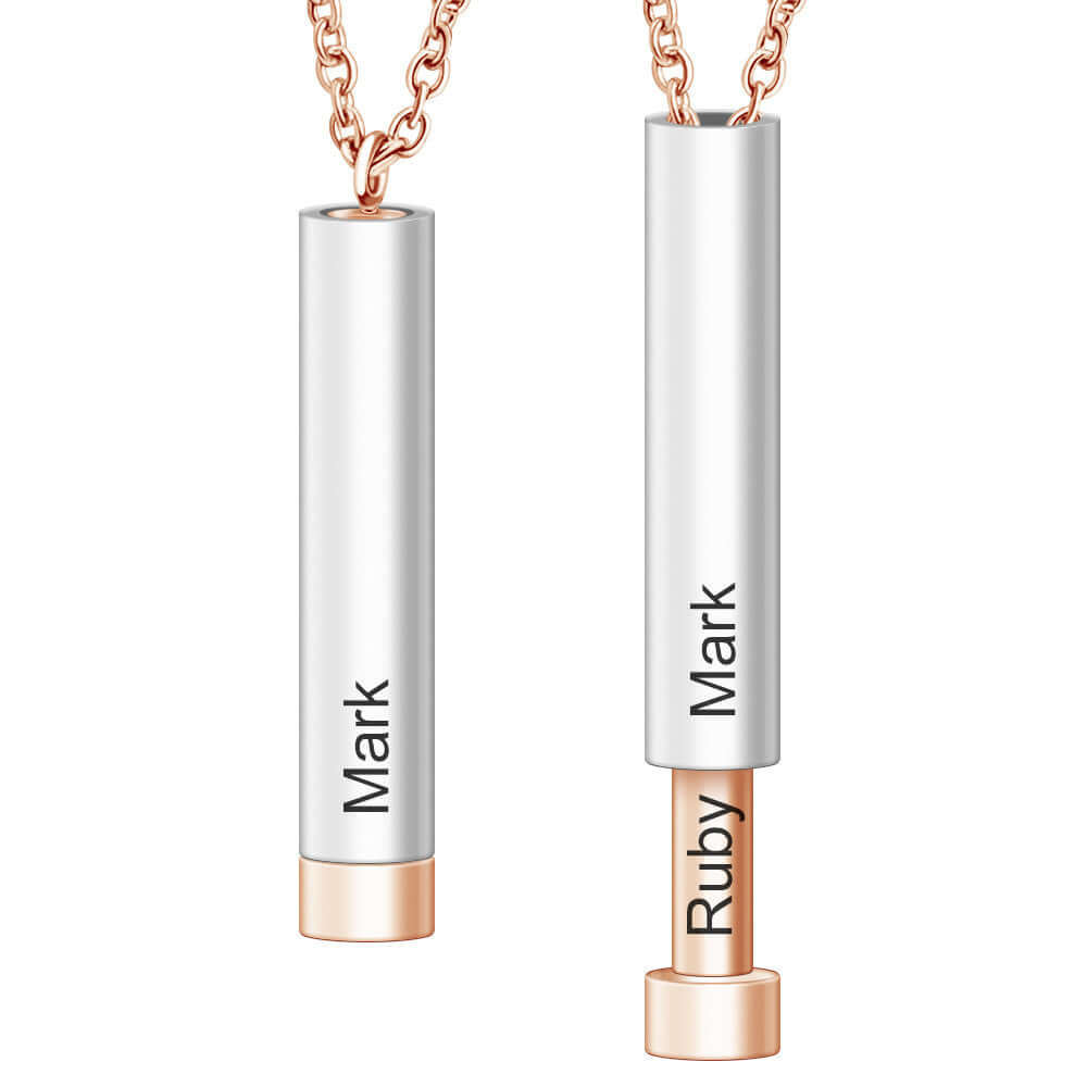 The personalized name necklaces for lovers. Cyclinder variant in rose gold with the names Mark and Ruby.