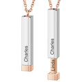 The personalized name necklaces for lovers. Square variants in rose gold with the names Charles and Linda.