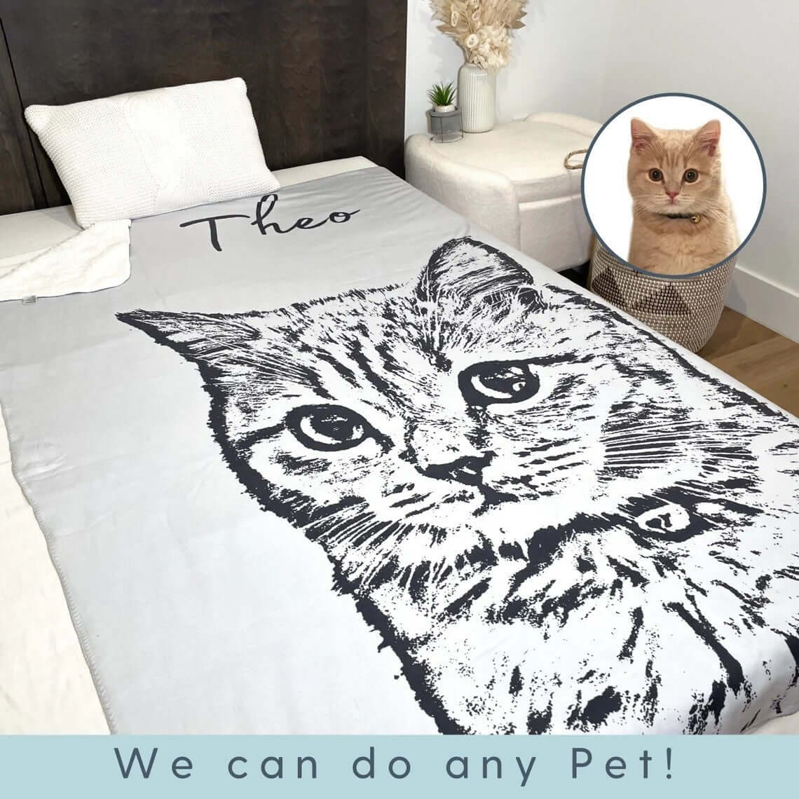 The personalized pet photo blanket with a cat and the name Theo printed on it, on a bed in a bedroom. A small graphic in the corner of a real cat.