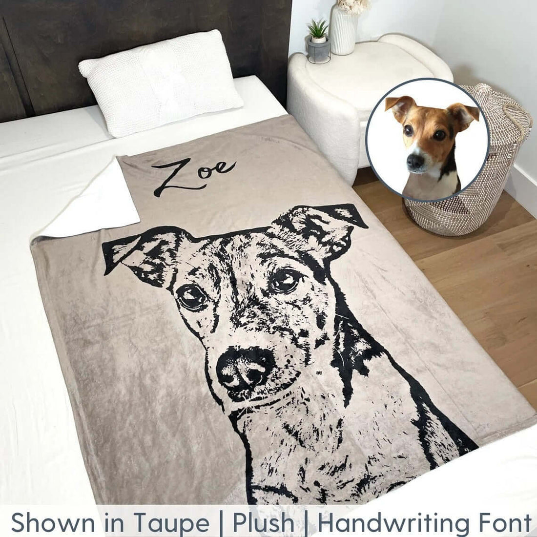 The personalized pet photo blanket with a dog and the name Charlie printed on it. A small graphic in the corner of a real dog.