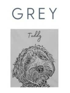 The personalized pet photo blanket in grey with a dog and the name Teddy printed on it.