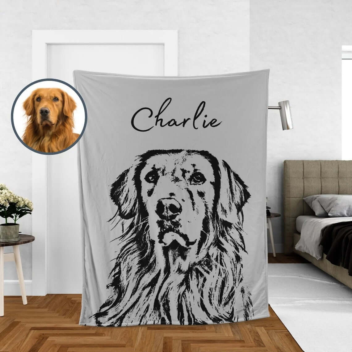 The personalized pet photo blanket with a dog and the name Charlie printed on it hanging in a room. A small graphic in the corner of a real dog.