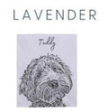 The personalized pet photo blanket in lavender with a dog and the name Teddy printed on it.