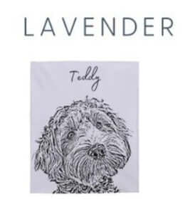 The personalized pet photo blanket in lavender with a dog and the name Teddy printed on it.