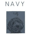 The personalized pet photo blanket in navy with a dog and the name Teddy printed on it.