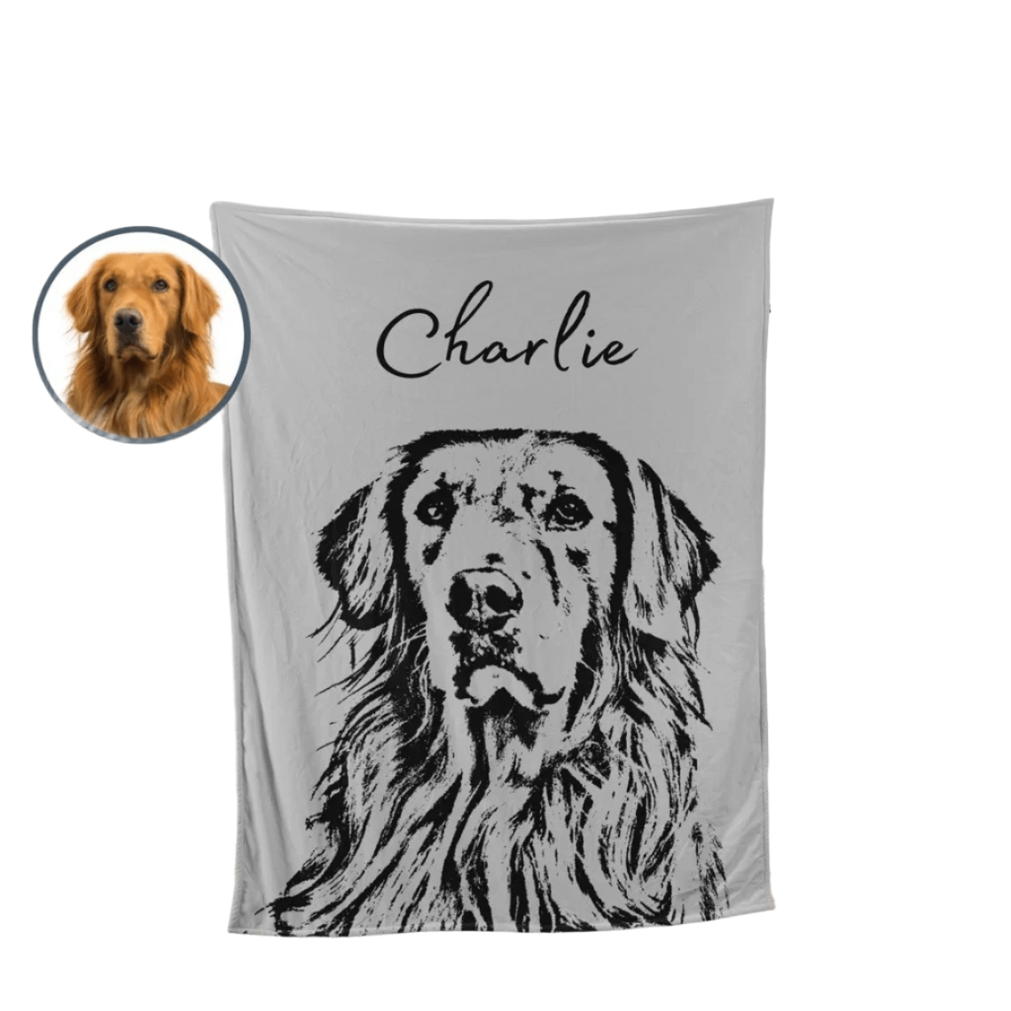 The personalized pet photo blanket with a dog and the name Charlie printed on it. A small graphic in the corner of a real dog.