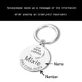 Text stating that its very important to leave a message with the name and number after making a purchase. The personalized pet tag in silver with arrows pointing to the name and number.