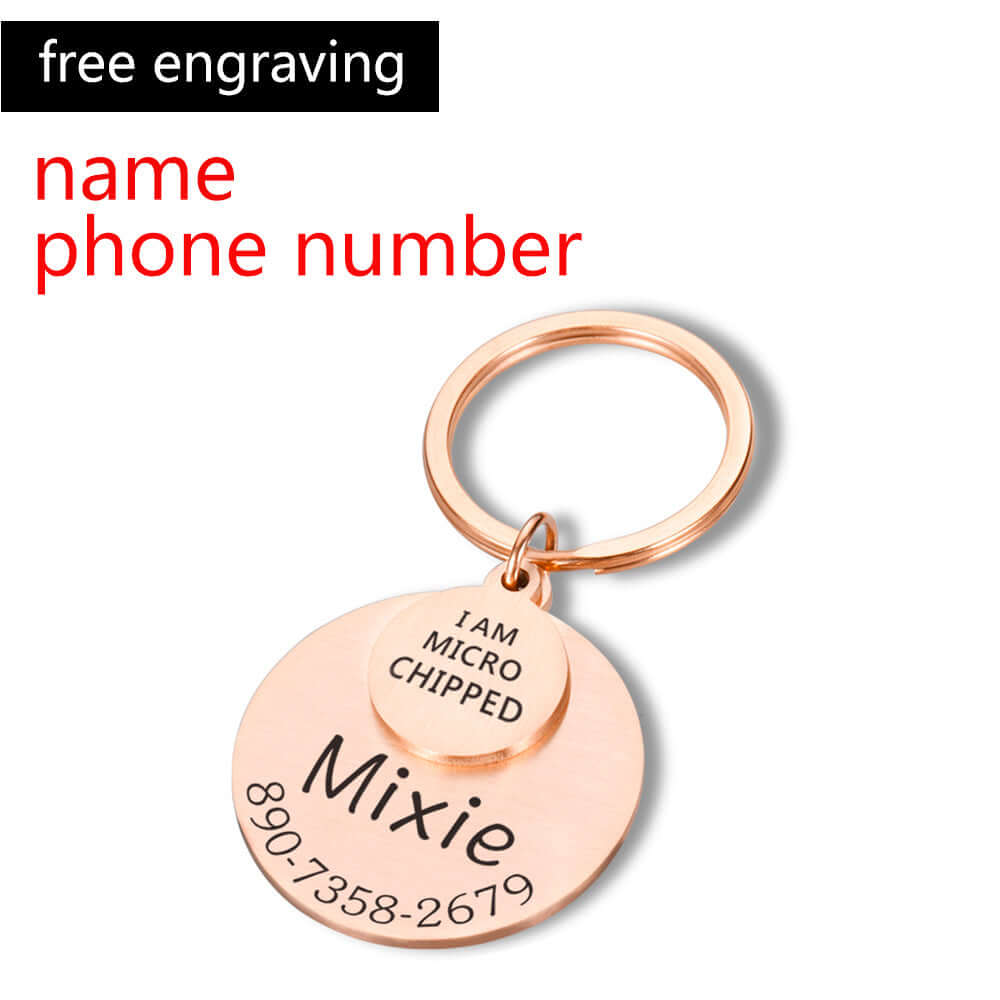 The personalized pet tag in rose gold. Text stating free engraving.